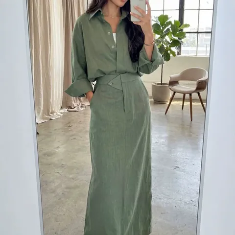 Elegant Women Top And Bottom Long Sleeve Button Up Shirt And Maxi Skirt Solid Color Casual Relaxed Fit Skirt Set