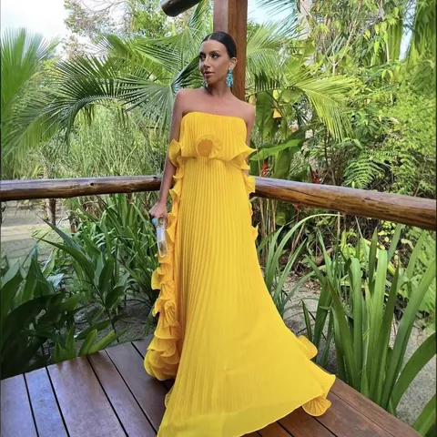 Women Pleated Tube Top Maxi Dress Sexy Ruffles Elegant Summer Solid Color Gathered Large Swing Banquet Vacation Dress
