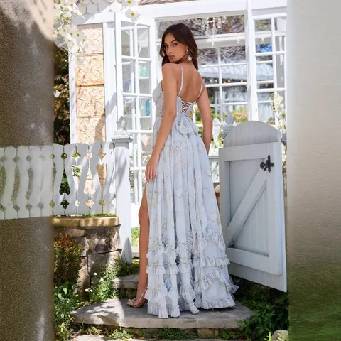 Women Floral Print Cami Maxi Dress Sexy Backless Ruffle Split Summer Vacation Beach Dress Sleeveless Pleated Polyester Long Dress