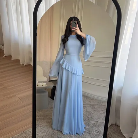 Elegant Chiffon Round Neck Slim Fit Long Sleeve Maxi Dress Ruffle Flare Sleeve Backless Sexy Banquet Party Women Dress