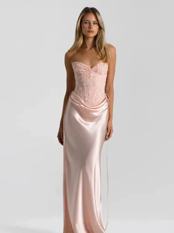 Women Elegant Light Pink Strapless Sequin Satin Evening Dress Slim Fit Mermaid Long Gown For Banquet Wedding Bridesmaid Party