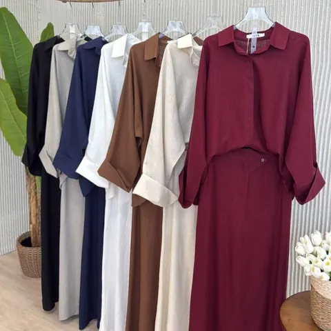 Elegant Women Top And Bottom Long Sleeve Button Up Shirt And Maxi Skirt Solid Color Casual Relaxed Fit Skirt Set