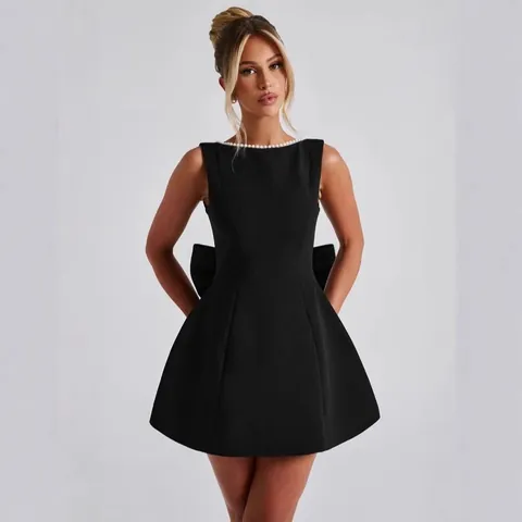 Women's Summer Backless Mini Dress Large Bow Artificial Pearl Trim Polyester Sleeveless A-Line Party Dress For Banquet