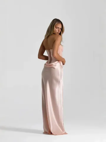 Women Elegant Light Pink Strapless Sequin Satin Evening Dress Slim Fit Mermaid Long Gown For Banquet Wedding Bridesmaid Party