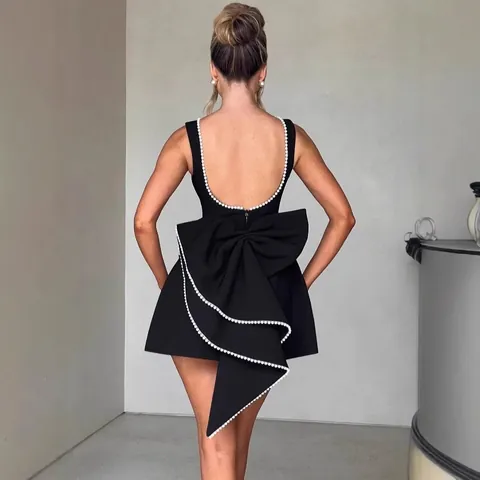 Women's Summer Backless Mini Dress Large Bow Artificial Pearl Trim Polyester Sleeveless A-Line Party Dress For Banquet