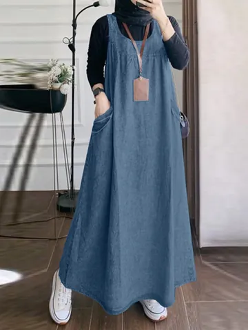 Women Retro Loose Denim Pinafore Dress Casual Solid Color Sleeveless Long Maxi Dress With Pockets Fashion Elegant Pinafore Dress