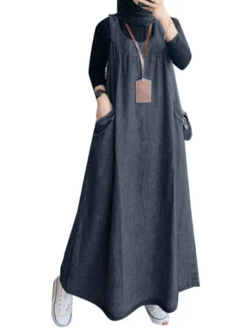Women Retro Loose Denim Pinafore Dress Casual Solid Color Sleeveless Long Maxi Dress With Pockets Fashion Elegant Pinafore Dress