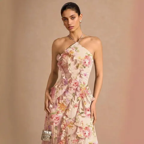 Women Halter Neck Pleated Floral Dress Ruffle Asymmetric Hem Sleeveless Slim Fit Chiffon Long Dress Party Evening Vestido