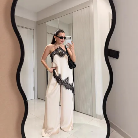 Set Due Pezzi Donna Elegante Raso Patchwork Pizzo Orlo Irregolare Top Cami E Pantaloni Gamba Larga Casual Street Style Top And Bottom