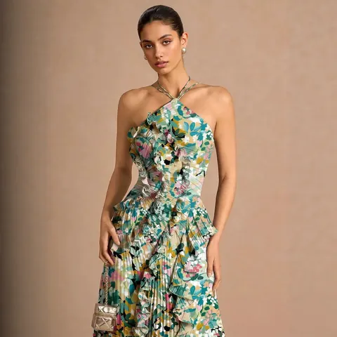 Women Halter Neck Pleated Floral Dress Ruffle Asymmetric Hem Sleeveless Slim Fit Chiffon Long Dress Party Evening Vestido