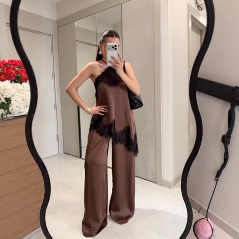 Set Due Pezzi Donna Elegante Raso Patchwork Pizzo Orlo Irregolare Top Cami E Pantaloni Gamba Larga Casual Street Style Top And Bottom