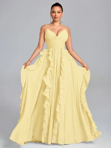 Women Elegant Pleated Chiffon Maxi Dress Spaghetti Strap V-Neck Ruffle Long Evening Party Dress High Waist Cocktail Gown