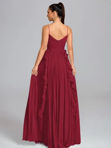Women Elegant Pleated Chiffon Maxi Dress Spaghetti Strap V-Neck Ruffle Long Evening Party Dress High Waist Cocktail Gown