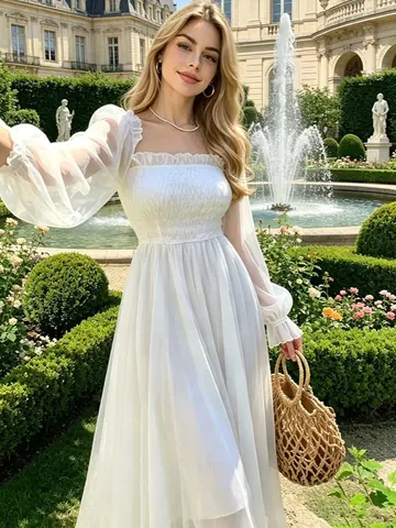 Elegant Women Polyester Long Puff Sleeve Chiffon Maxi Dress Smocked Waist Backless Fairy Style Evening Party Vacation Dress