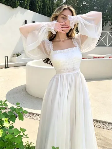 Elegant Women Polyester Long Puff Sleeve Chiffon Maxi Dress Smocked Waist Backless Fairy Style Evening Party Vacation Dress