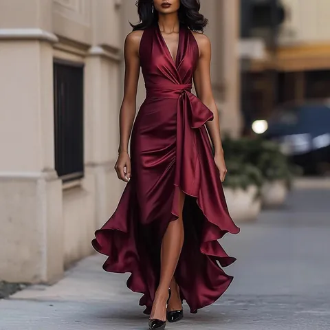 Dames Elegante Satijnen Maxi Jurk V-hals Mouwloos Knoopceintuur Ruches Zoom High Low Party Avondjurk Formele Zomerjurk