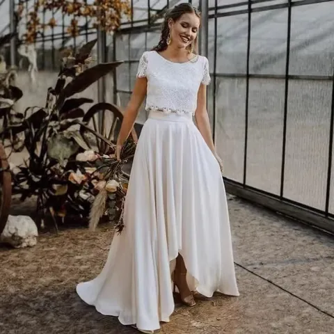 Women's Lace Satin Wedding Dress Bohemian Irregular Hem Top And Bottom Bridal Gown For Garden Travel Wedding Ceremony