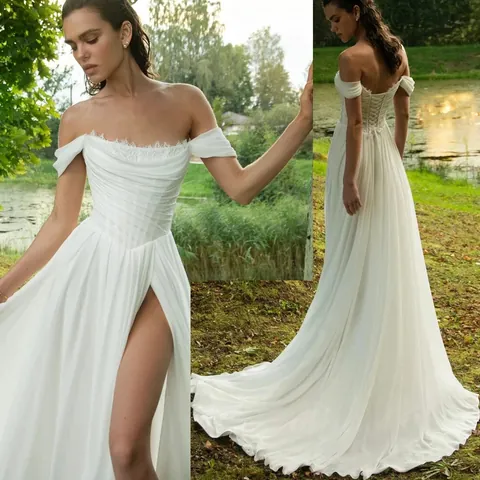Women Off Shoulder Wedding Dress Elegant Chiffon Trailing Bridal Gown High Slit Solid Color Formal Evening Dress White Ivory