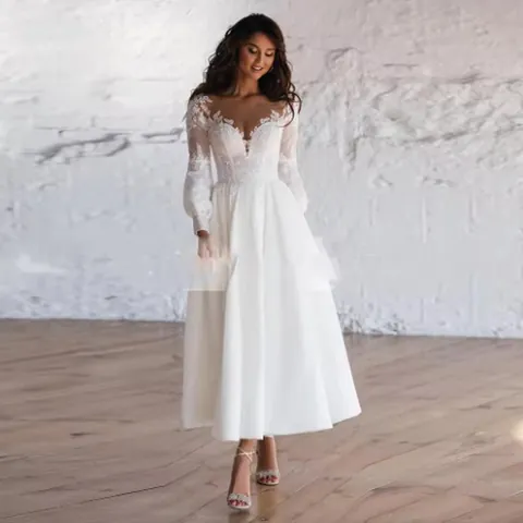 Elegante Vestido de Novia de Encaje Blanco para Mujer Manga Larga Cuello en V Ajustado Línea A Vestido de Noche Blanco