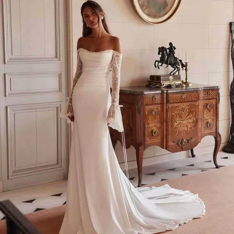 Women Off-the-shoulder Mermaid Wedding Dress Elegant Chiffon Small Train Slim Bridal Gown White Ivory Evening Party Dress