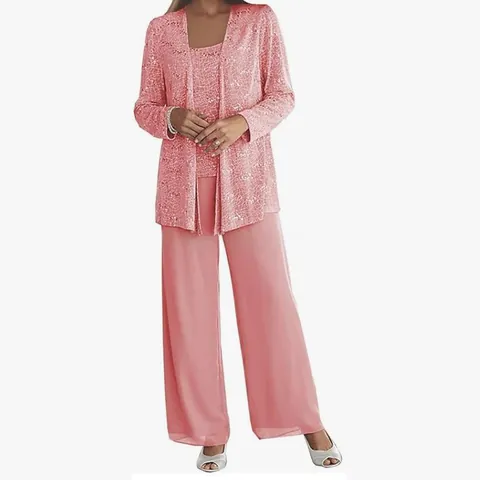 Women Elegant Three Piece Set Dress Sequin Lace Cardigan Chiffon Wide Leg Pants Banquet Party Formal Outfit Top And Bottom