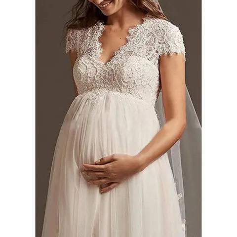 Women's High Waist Pregnant Wedding Dress Lace V-Neck Sleeveless A-Line Bridal Gown Small Train Forest Style Plus Size White