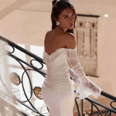 Women Off-the-shoulder Mermaid Wedding Dress Elegant Chiffon Small Train Slim Bridal Gown White Ivory Evening Party Dress