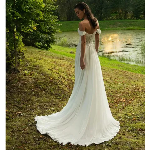 Women Off Shoulder Wedding Dress Elegant Chiffon Trailing Bridal Gown High Slit Solid Color Formal Evening Dress White Ivory
