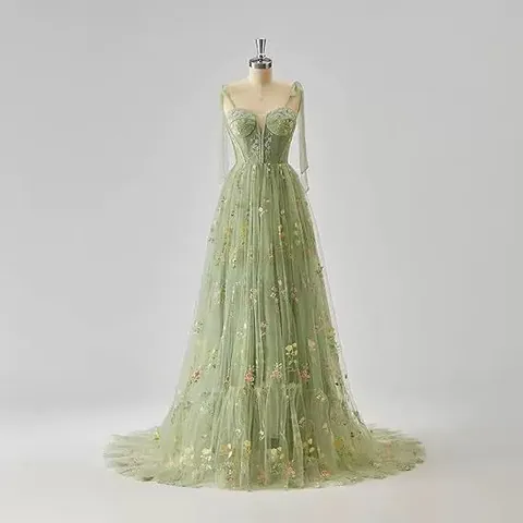 Elegant Floral Embroidery Spaghetti Strap Prom Dress Long Tulle A-Line Evening Gown For Wedding Banquet Party Women Formal Clothing