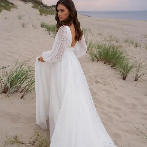 French Style V-Neck Wedding Dress Elegant Long Lantern Sleeve Sequin High Slit Bridal Gown For Travel Photography Women Dress