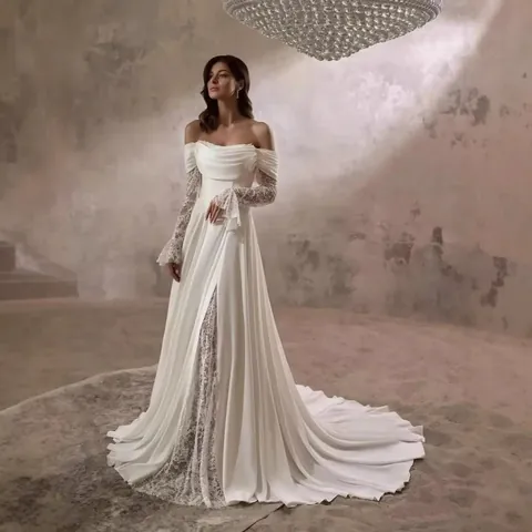 Vestido de Novia de Lujo Francés con Hombros Descubiertos para Mujer Elegante Manga Larga de Encaje Satén Línea A Noche