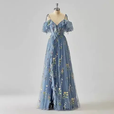 Women Floral Embroidery Slip Evening Gown Tulle Ruffle Cold Shoulder A-Line Maxi Dress For Party Banquet Host Dress