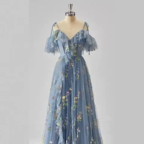 Women Floral Embroidery Slip Evening Gown Tulle Ruffle Cold Shoulder A-Line Maxi Dress For Party Banquet Host Dress