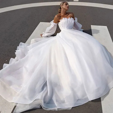 Robe de Mariée en Tulle Sans Bretelles Style Hepburn Français Élégante Blanc Ivoire Manches Bouffantes Ligne A Robe de Soirée Maxi pour Femmes Mariage Fête