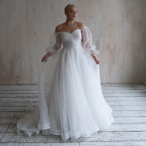 Women Elegant Off-Shoulder Puff Sleeve Wedding Dress A-Line Tulle Bridal Gown For Beach Travel Photography White Ivory Dress