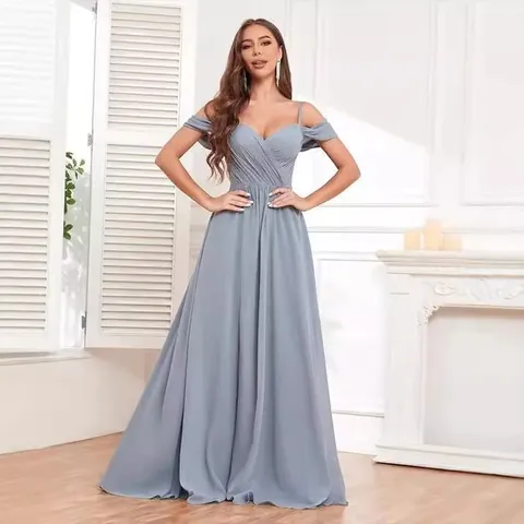Women Off Shoulder Long Bridesmaid Dress Elegant Pleated High Slit Slim Fit Polyester Maxi Evening Party Wedding Gown