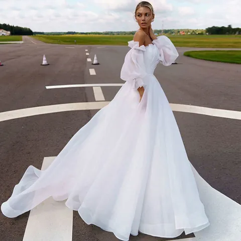 Robe de Mariée en Tulle Sans Bretelles Style Hepburn Français Élégante Blanc Ivoire Manches Bouffantes Ligne A Robe de Soirée Maxi pour Femmes Mariage Fête