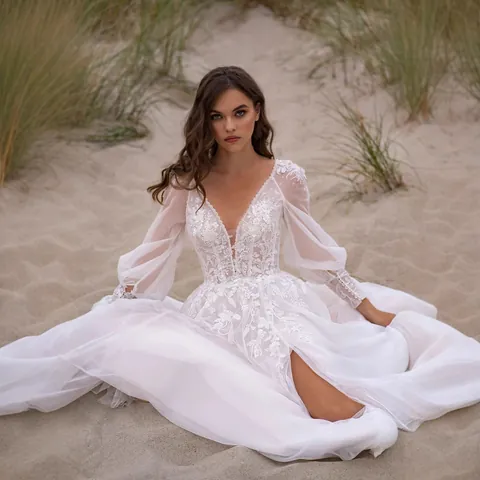 Elegant V-Neck Lace Wedding Dress Long Lantern Sleeve Slim Fit High Slit Pleated Bridal Gown For Women Travel Photography
