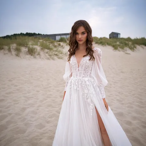 Elegant V-Neck Lace Wedding Dress Long Lantern Sleeve Slim Fit High Slit Pleated Bridal Gown For Women Travel Photography