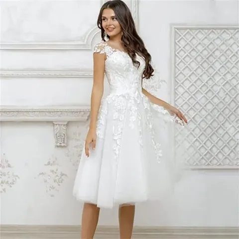 Elegant Midi White Wedding Dress Women Polyester Lace Applique Slim Fit Sleeveless Bridal Party Dress Corset Back