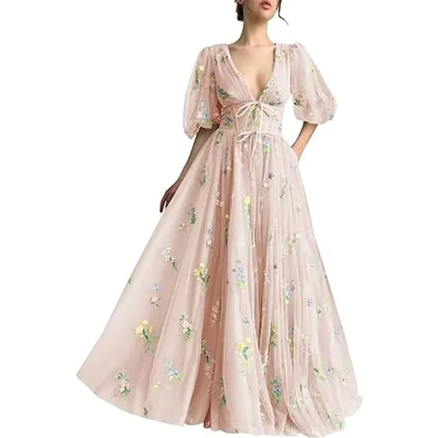 Elegant Floral Embroidery V-Neck Tulle Evening Gown A-Line Maxi Dress For Women Banquet Party Birthday Formal Event Dress
