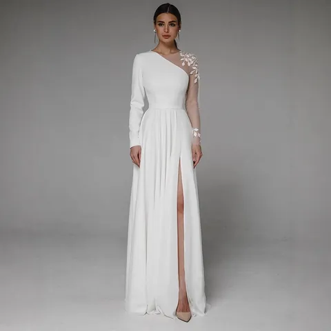 Abito da Sposa Asimmetrico a Manica Singola da Donna Vestibilità Slim Spacco Alto Abito da Sera in Poliestere con Applicazione Ricamata a Foglia