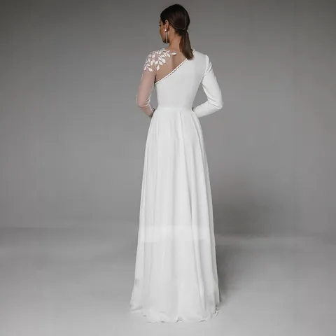 Abito da Sposa Asimmetrico a Manica Singola da Donna Vestibilità Slim Spacco Alto Abito da Sera in Poliestere con Applicazione Ricamata a Foglia