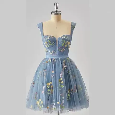 Elegant Spaghetti Strap Floral Embroidered Party Dress For Women Sexy Backless Lace Up A-Line Mini Cocktail Dress Short Prom Evening Gown Polyester Special Occasion Wear