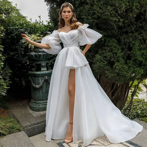 Off-the-Shoulder Puff Sleeve French Hepburn Style Wedding Evening Dress for Women High Slit Polyester Mesh Long Party Gown