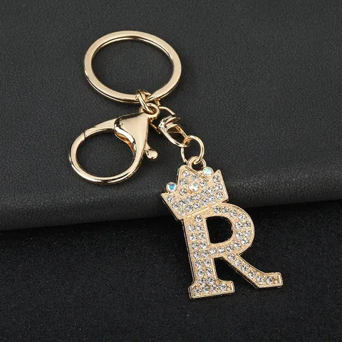 Elegant Gold Plated Zinc Alloy Rhinestone Initial Letter Crown Keychain For Women Fashion Bag Pendant Backpack Accessory Charm Keyring