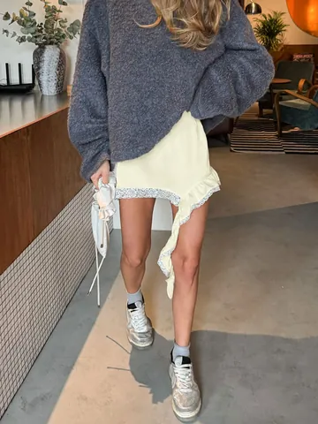 Women Summer Lace Trim Asymmetric Skirt Chic Elegant Commute Satin Look High Waist Ruffle Patchwork Solid Color Mini Skirt