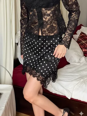 Dames Europese Mode Polkadots Kant Rok Elegant Woon-werkverkeer Sexy Minirok Patchwork Ruches Zoom Polyester Rok Voor Dagelijks Gebruik