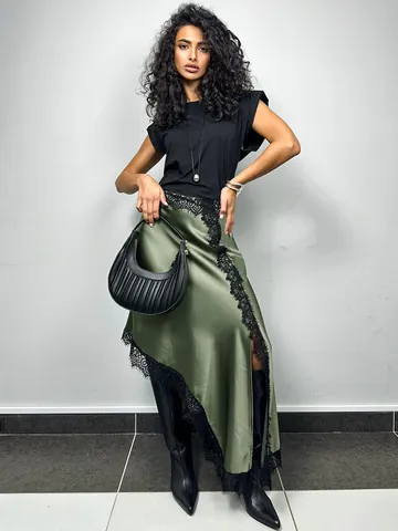 Women Elegant Satin Lace Patchwork Midi Skirt Asymmetric High Waist Straight Skirt Solid Color Commuter Style Skirt