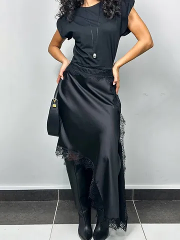 Women Elegant Satin Lace Patchwork Midi Skirt Asymmetric High Waist Straight Skirt Solid Color Commuter Style Skirt